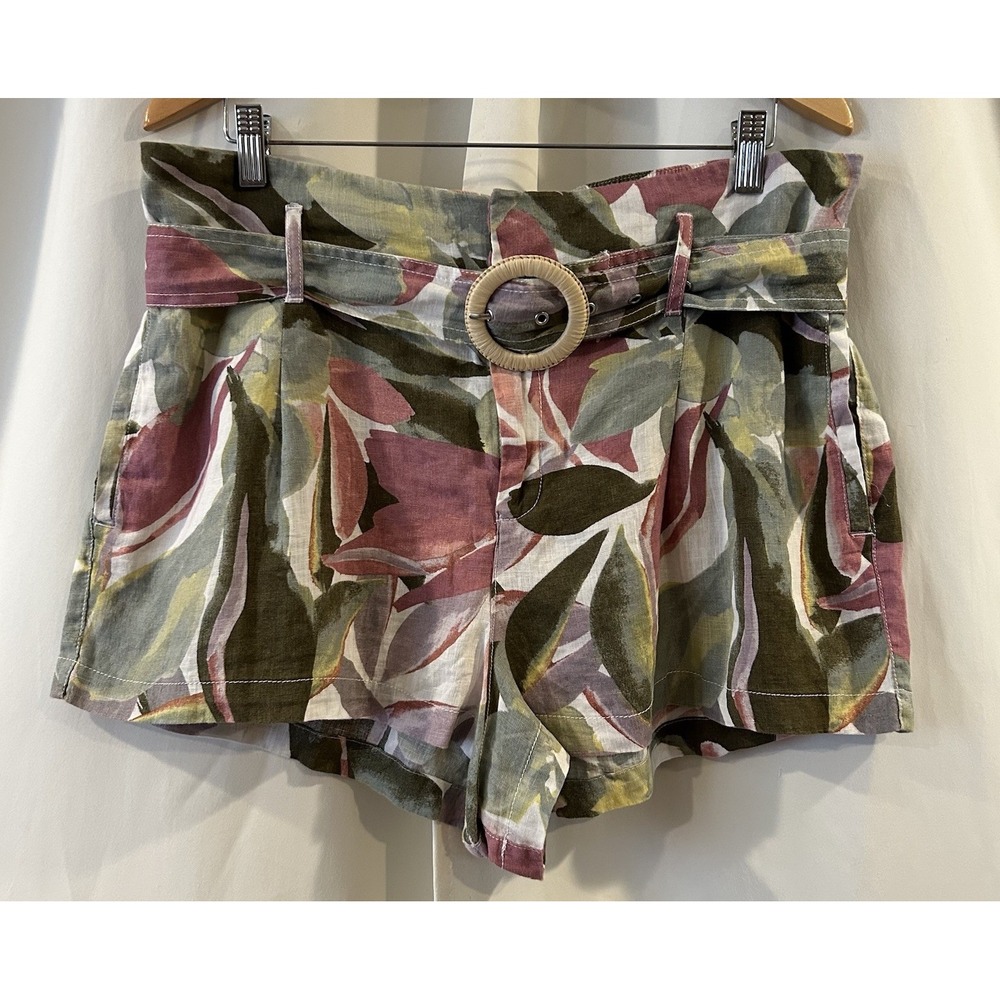 Tahari Women's 100% Linen High Rise Floral Belted Shorts Size XL